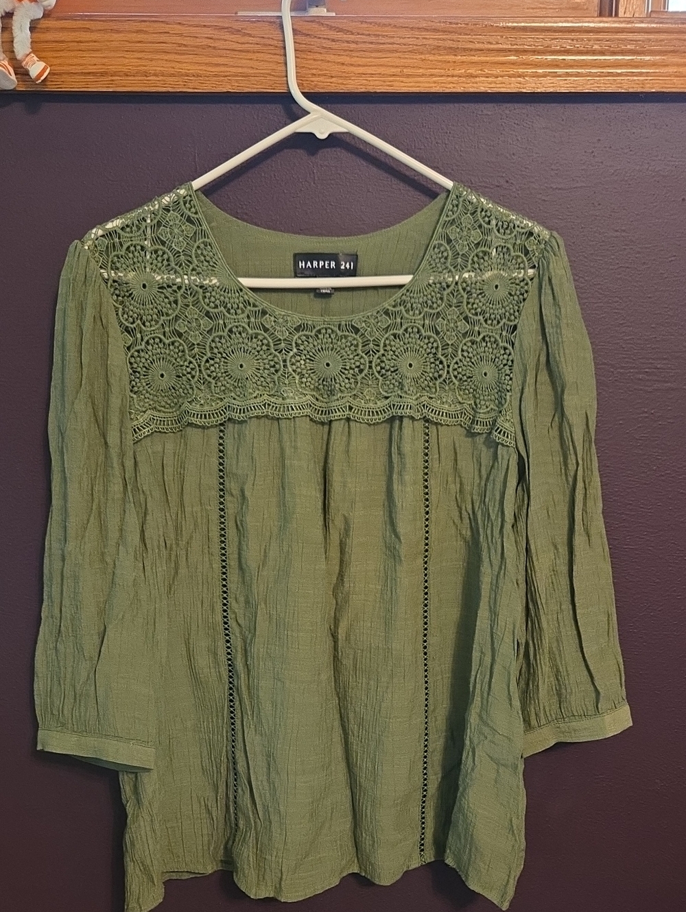 Harper Olive Crochet Yoke Tunic Top